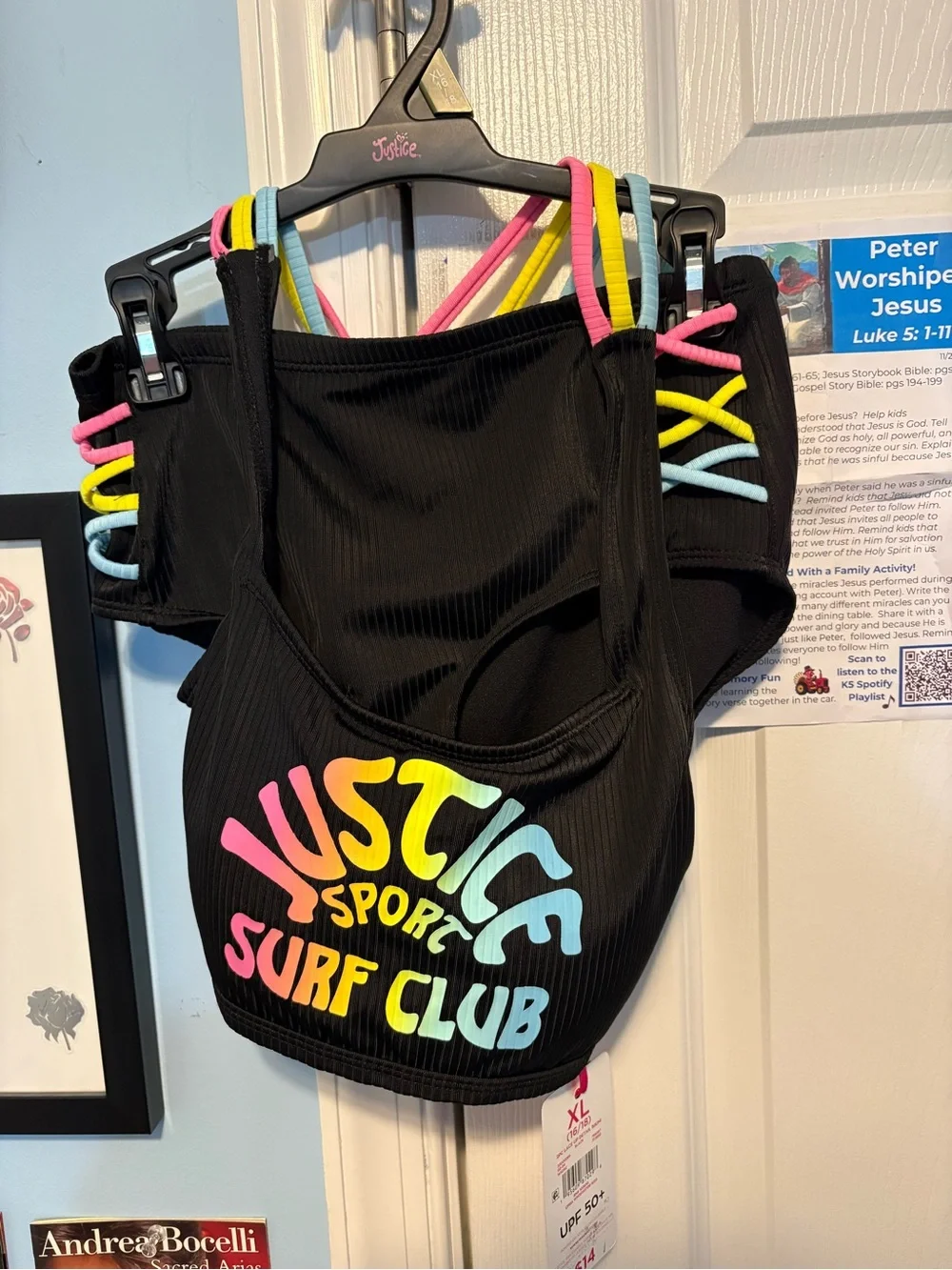 Justice Black Ribbed Crop Top with Multicolor Tag Accent